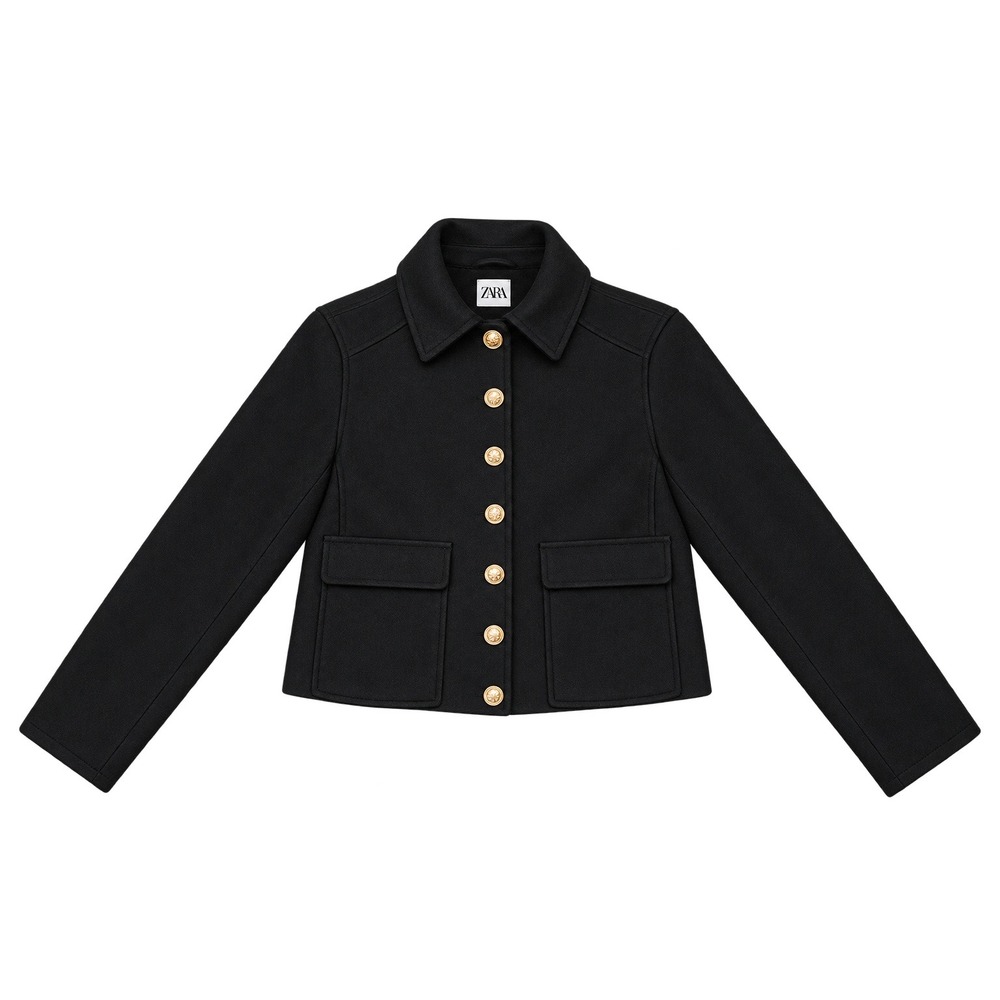 Zara Gold Button Cropped Jacket Women Medium Navy Blue